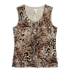 Chico's Leopard Print Pleated Mesh Tank Top Sleeveless Blouse Size 2 (Large)
